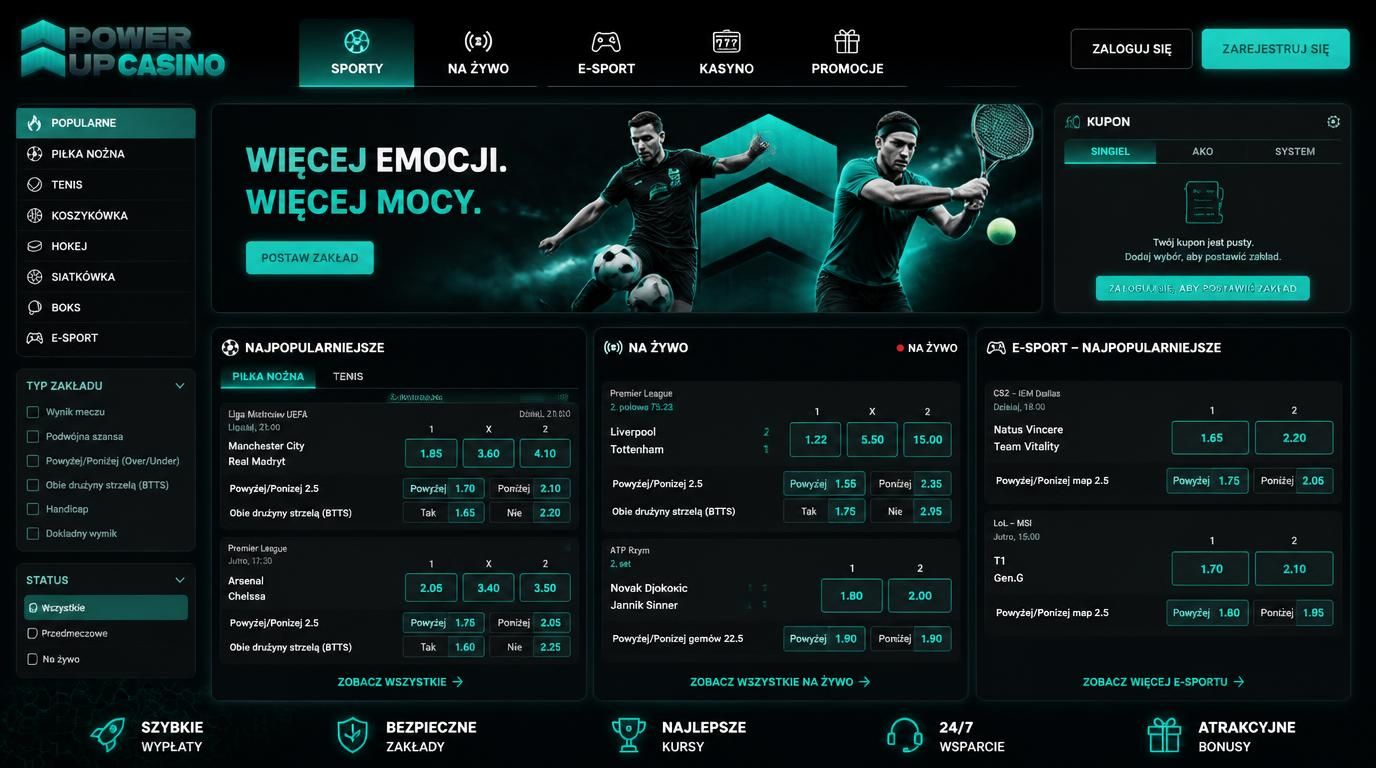 Interfejs platformy zakładów sportowych z przykładami over/under, BTTS i sportów elektronicznych