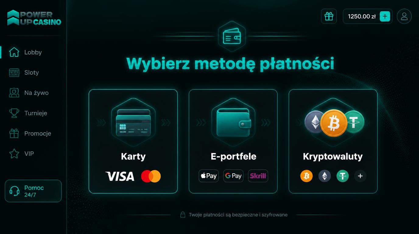 Interfejs wyboru metod płatności w kasynie PowerUp z ikonami Visa, Mastercard i kryptowalut