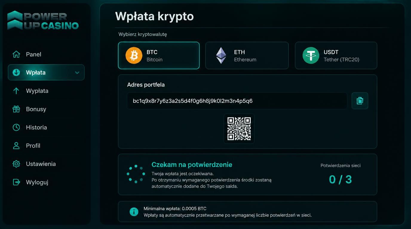 Proces wpłaty kryptowalut: wybór krypto, adres, oczekiwanie na potwierdzenie