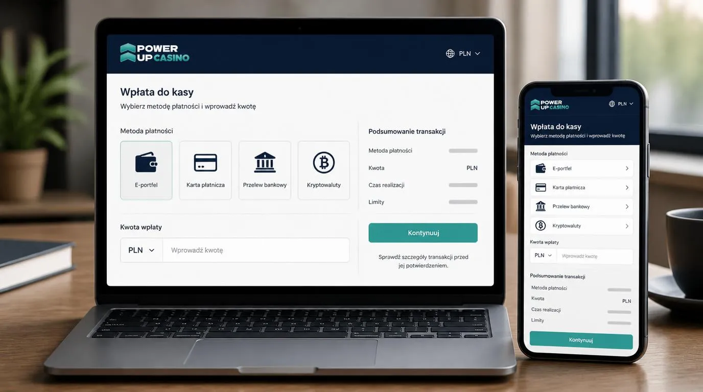 Panel kasjera z wyborem portfela elektronicznego, karty, przelewu i kryptowaluty oraz kwotą w PLN