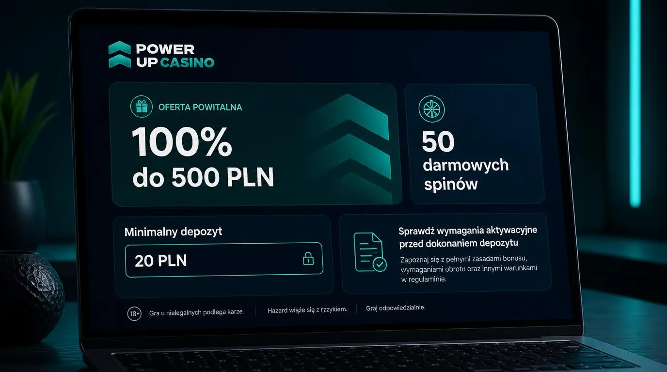 Panel oferty powitalnej z bonusem 100% do 500 PLN, 50 darmowymi spinami i minimalnym depozytem 20 PLN