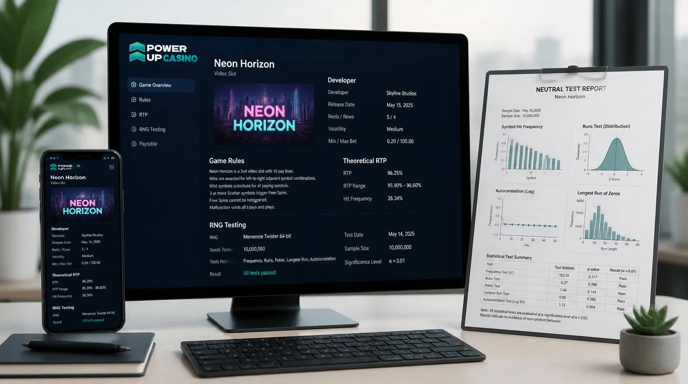 Panel informacji o automacie z oznaczeniem producenta, parametrem RTP i dokumentacją testów RNG